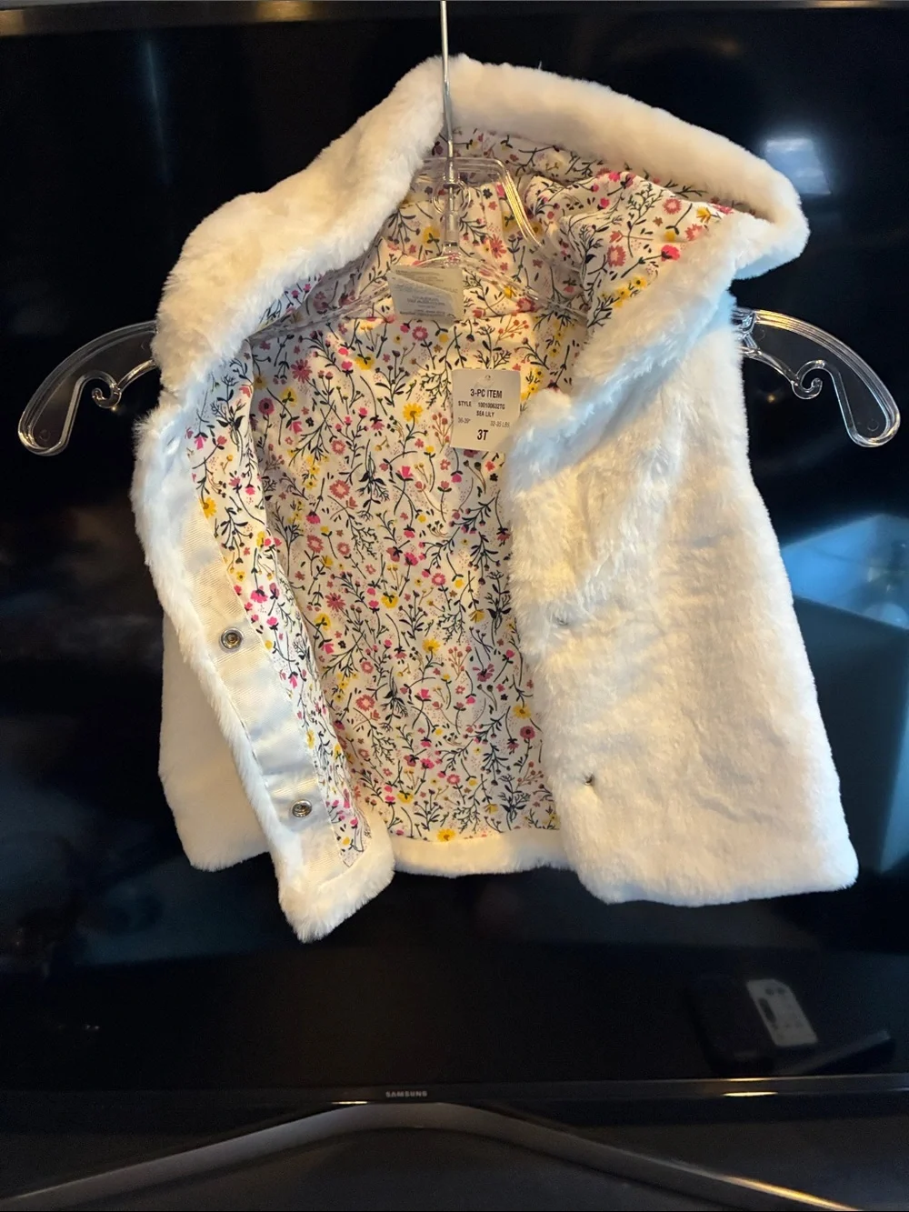 White Faux Fur Hooded Vest with Floral Lining